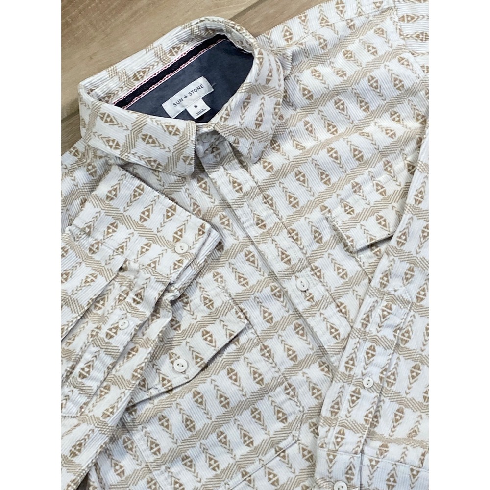Sun‎ + Stone Mens Medium White Tan Corduroy Geometric Aztec Button Down Shirt
